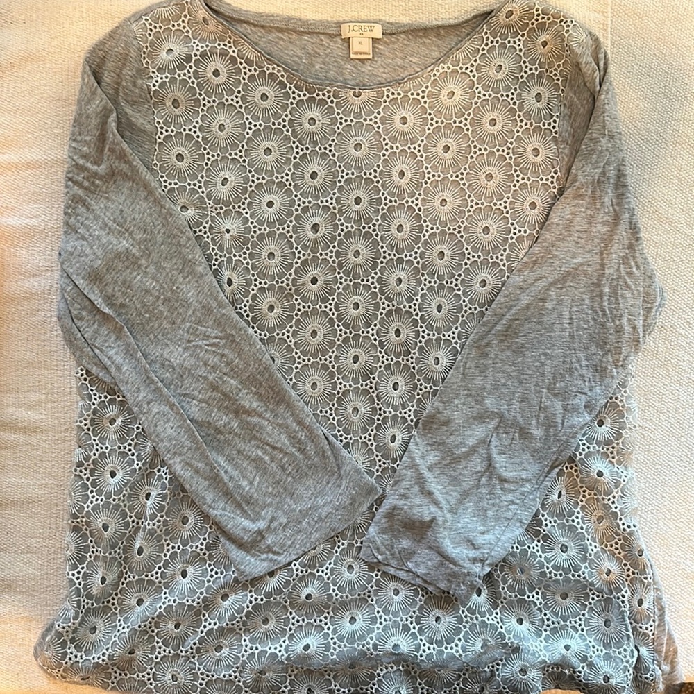 J. Crew Gray Long Sleeve Lace Front Tee